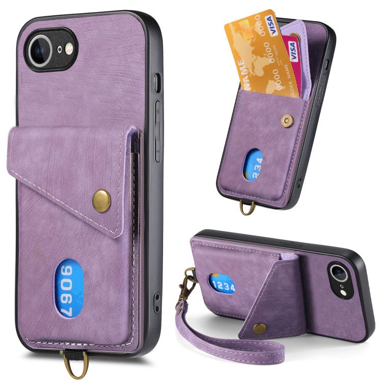 Retro Card Wallet Fold Leather Phone Case with Strap, iPhone 16e
