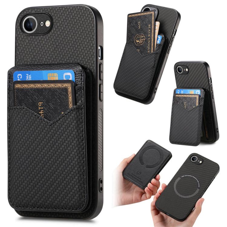 Carbon Fiber MagSafe Vertical Flip Card Bag Phone Case, For iPhone 16e, For iPhone 16 Pro Max, For iPhone 16 Pro, For iPhone 16 Plus