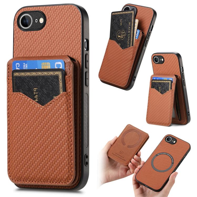 Carbon Fiber MagSafe Vertical Flip Card Bag Phone Case, For iPhone 16e, For iPhone 16 Pro Max, For iPhone 16 Pro, For iPhone 16 Plus