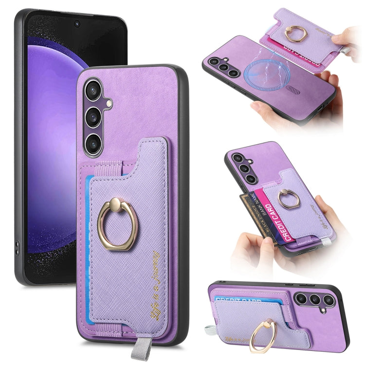 Retro Cross Leather Ring Horizontal Insert Card Bag MagSafe Phone Case, For Samsung Galaxy S23 FE 5G, For Samsung Galaxy M14 5G, For Samsung Galaxy A24 5G