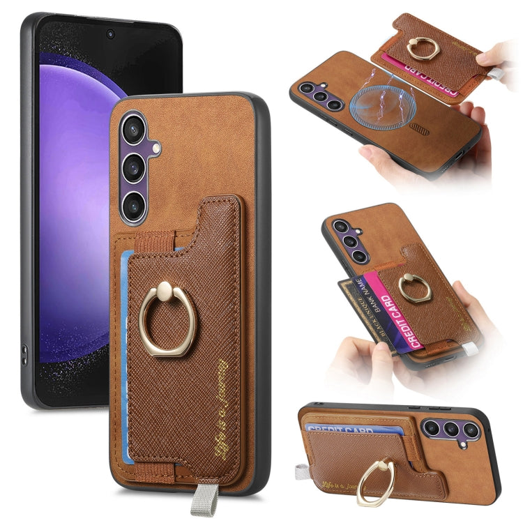 Retro Cross Leather Ring Horizontal Insert Card Bag MagSafe Phone Case, For Samsung Galaxy S23 FE 5G, For Samsung Galaxy M14 5G, For Samsung Galaxy A24 5G