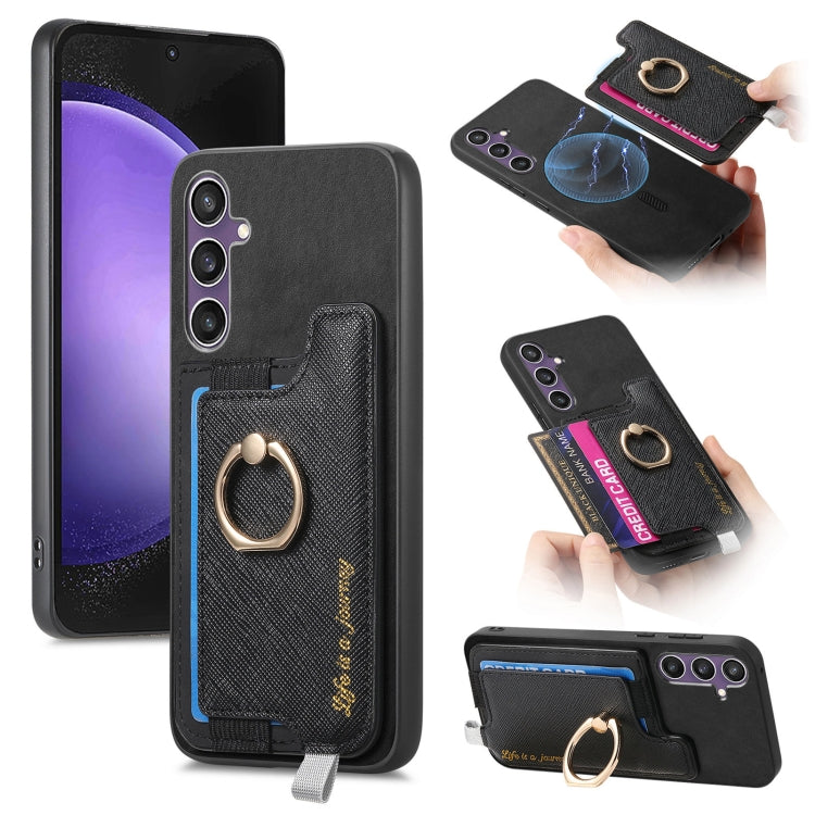 Retro Cross Leather Ring Horizontal Insert Card Bag MagSafe Phone Case, For Samsung Galaxy S23 FE 5G, For Samsung Galaxy M14 5G, For Samsung Galaxy A24 5G