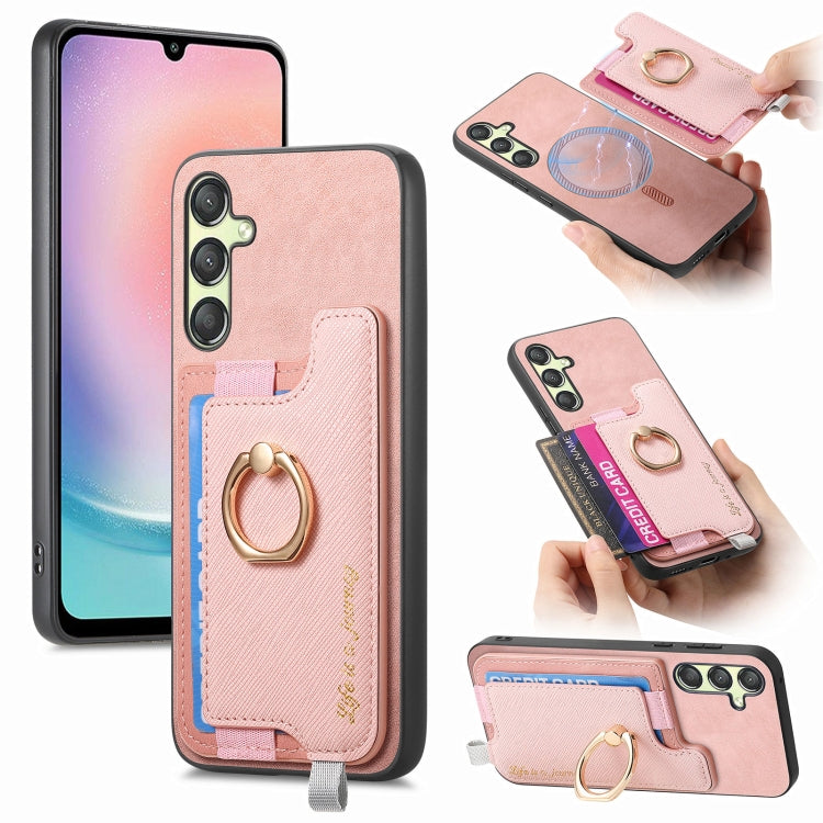 Retro Cross Leather Ring Horizontal Insert Card Bag MagSafe Phone Case, For Samsung Galaxy S23 FE 5G, For Samsung Galaxy M14 5G, For Samsung Galaxy A24 5G