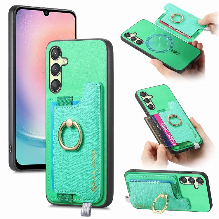 Retro Cross Leather Ring Horizontal Insert Card Bag MagSafe Phone Case, For Samsung Galaxy S23 FE 5G, For Samsung Galaxy M14 5G, For Samsung Galaxy A24 5G