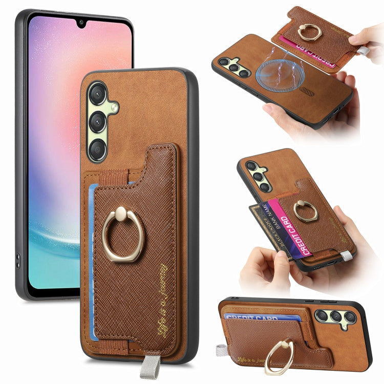 Retro Cross Leather Ring Horizontal Insert Card Bag MagSafe Phone Case, For Samsung Galaxy S23 FE 5G, For Samsung Galaxy M14 5G, For Samsung Galaxy A24 5G