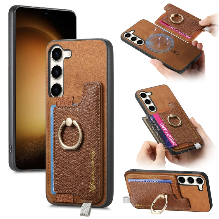 Retro Cross Leather Ring Horizontal Insert Card Bag MagSafe Phone Case, For Samsung Galaxy S23+ 5G, For Samsung Galaxy S23 5G, For Samsung Galaxy A16