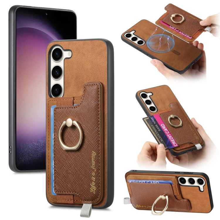 Retro Cross Leather Ring Horizontal Insert Card Bag MagSafe Phone Case, For Samsung Galaxy S23+ 5G, For Samsung Galaxy S23 5G, For Samsung Galaxy A16