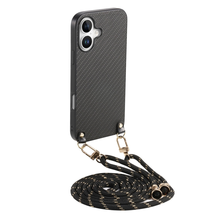 Carbon Fiber Texture Leather Back Phone Case with Crossbody Strap, For iPhone 16, For iPhone 15 Pro Max, For iPhone 15 Pro, For iPhone 15 Plus