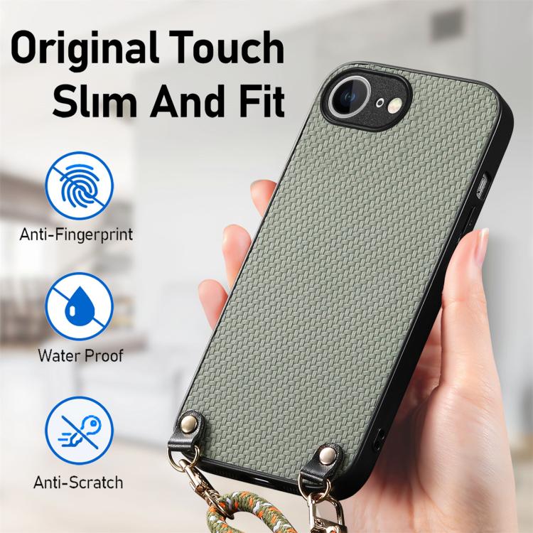 Carbon Fiber Texture Leather Back Phone Case with Crossbody Strap, For iPhone 16e, For iPhone 16 Pro Max, For iPhone 16 Pro, For iPhone 16 Plus