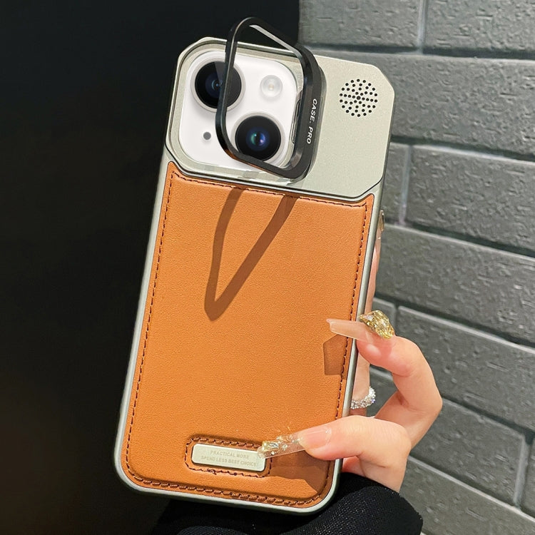 Metal Holder Plain Leather MagSafe Phone Case, For iPhone 15 Pro Max, For iPhone 15 Pro, For iPhone 15 Plus, For iPhone 15