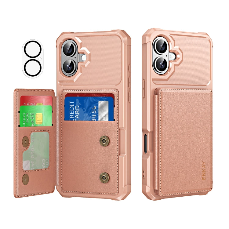 ENKAY Hat-Prince Card Slot Wallet TPU Back Leather Phone Case with Lens Film, For iPhone 16 Pro Max, For iPhone 16 Pro, For iPhone 16 Plus, For iPhone 16
