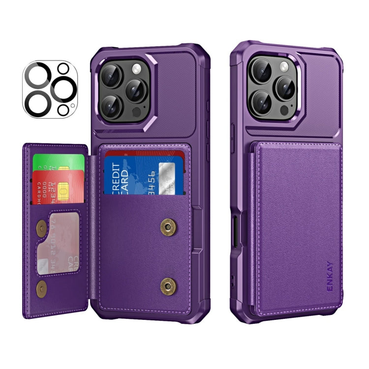 ENKAY Hat-Prince Card Slot Wallet TPU Back Leather Phone Case with Lens Film, For iPhone 15 Pro Max, For iPhone 15 Pro, For iPhone 15 Plus, For iPhone 15
