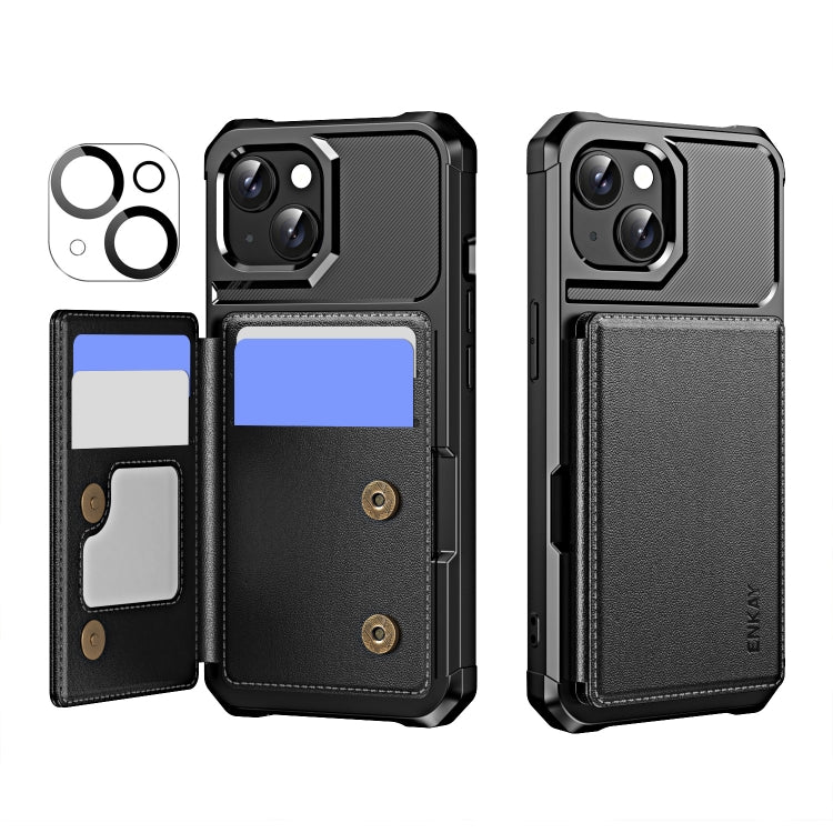 ENKAY Hat-Prince Card Slot Wallet TPU Back Leather Phone Case with Lens Film, For iPhone 15 Pro Max, For iPhone 15 Pro, For iPhone 15 Plus, For iPhone 15