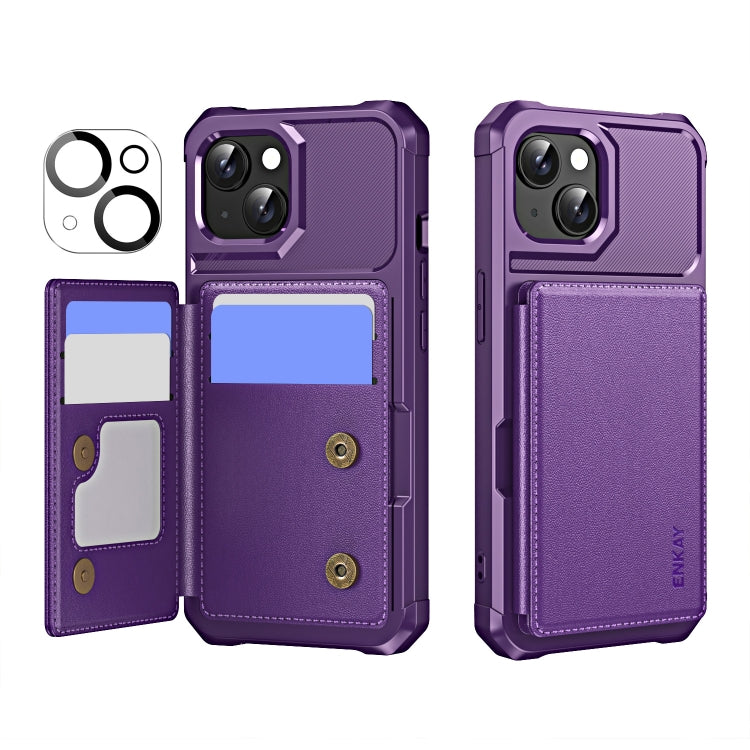 ENKAY Hat-Prince Card Slot Wallet TPU Back Leather Phone Case with Lens Film, For iPhone 15 Pro Max, For iPhone 15 Pro, For iPhone 15 Plus, For iPhone 15