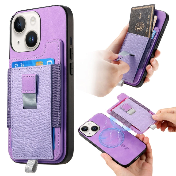 Retro Magsafe Cross Leather Pull-Out Card Bag Back Phone Case, For iPhone 15 Plus, For iPhone 15, For iPhone 14 Plus
