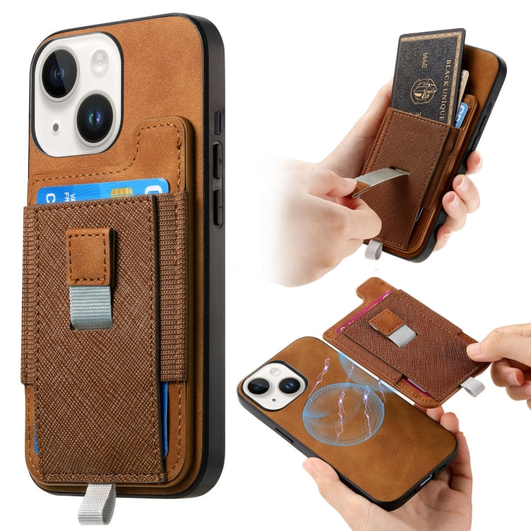 Retro Magsafe Cross Leather Pull-Out Card Bag Back Phone Case, For iPhone 15 Plus, For iPhone 15, For iPhone 14 Plus