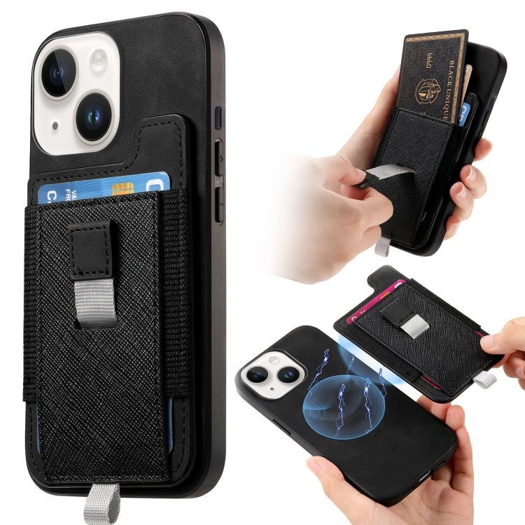 Retro Magsafe Cross Leather Pull-Out Card Bag Back Phone Case, For iPhone 15 Plus, For iPhone 15, For iPhone 14 Plus