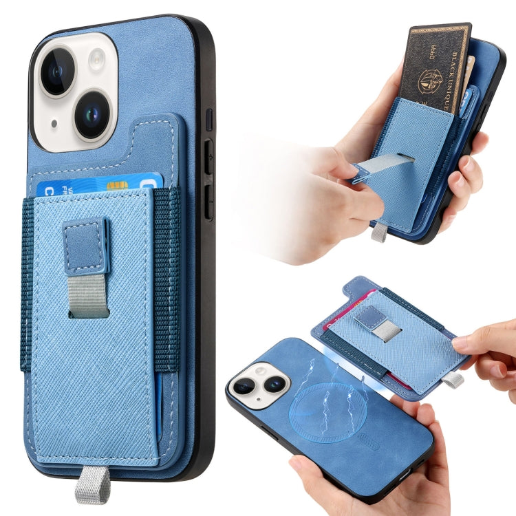 Retro Magsafe Cross Leather Pull-Out Card Bag Back Phone Case, For iPhone 15 Plus, For iPhone 15, For iPhone 14 Plus