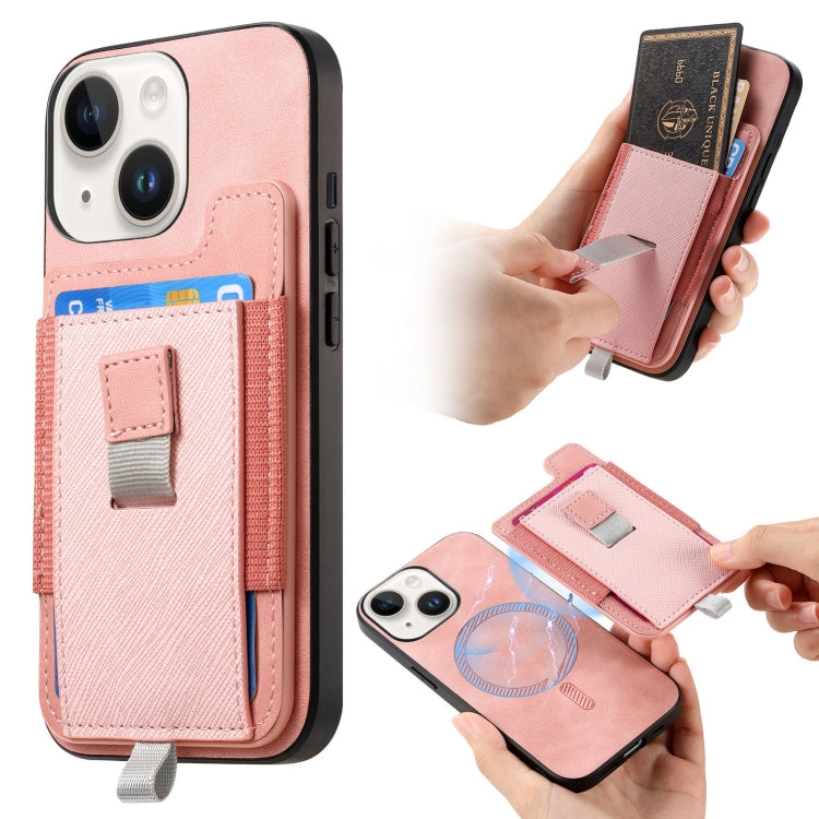 Retro Magsafe Cross Leather Pull-Out Card Bag Back Phone Case, For iPhone 15 Plus, For iPhone 15, For iPhone 14 Plus