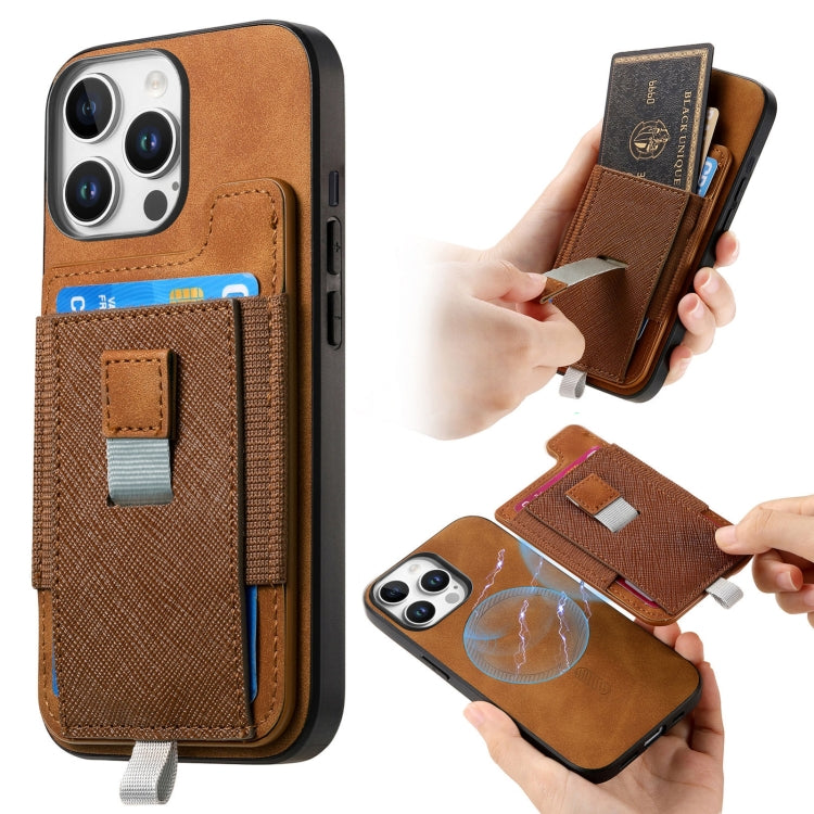 Retro Magsafe Cross Leather Pull-Out Card Bag Back Phone Case, For iPhone 14, For iPhone 14 Pro, For iPhone 14 Pro Max