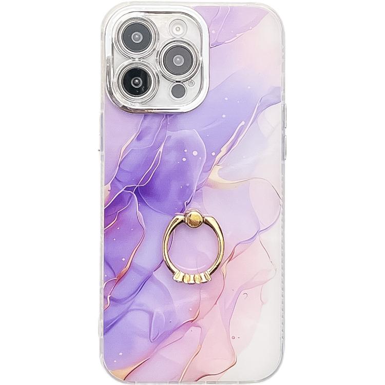 Electroplated Marble Texture Ring Holder Phone Case, For iPhone 16 Pro