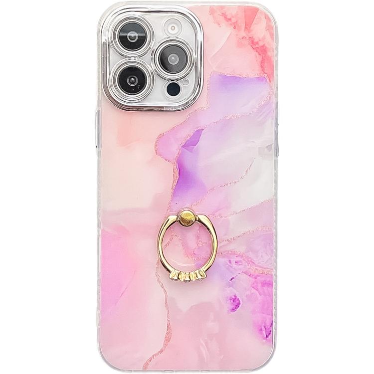 Electroplated Marble Texture Ring Holder Phone Case, For iPhone 16 Pro