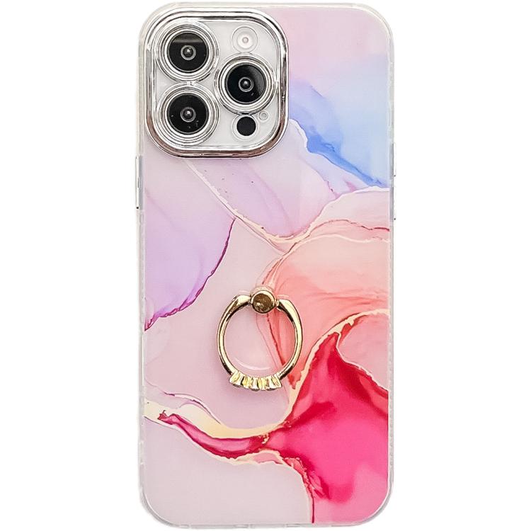 Electroplated Marble Texture Ring Holder Phone Case, For iPhone 16 Pro