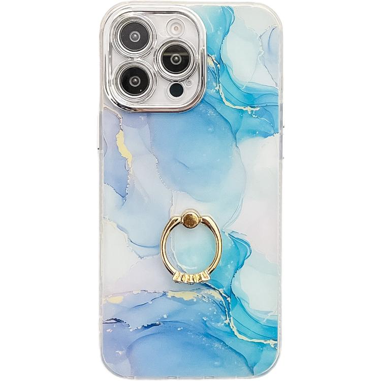Electroplated Marble Texture Ring Holder Phone Case, For iPhone 16 Pro
