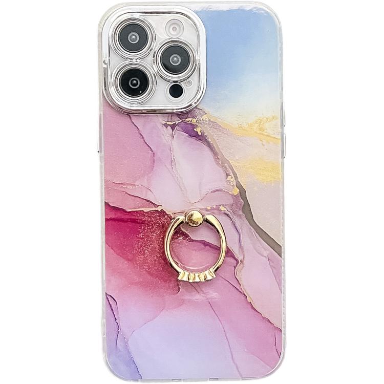 Electroplated Marble Texture Ring Holder Phone Case, For iPhone 16 Pro