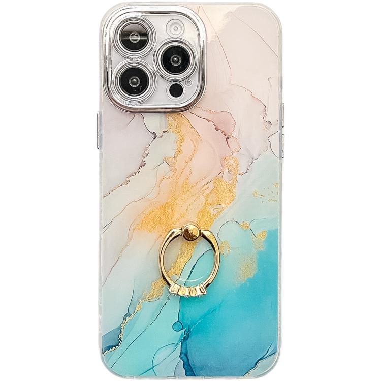 Electroplated Marble Texture Ring Holder Phone Case, For iPhone 16 Pro