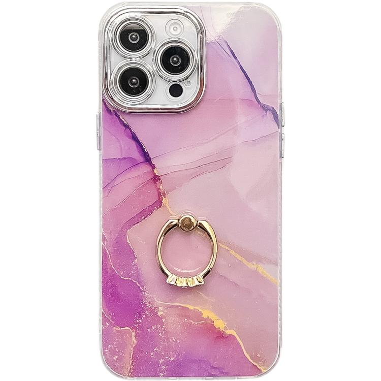 Electroplated Marble Texture Ring Holder Phone Case, For iPhone 16 Pro