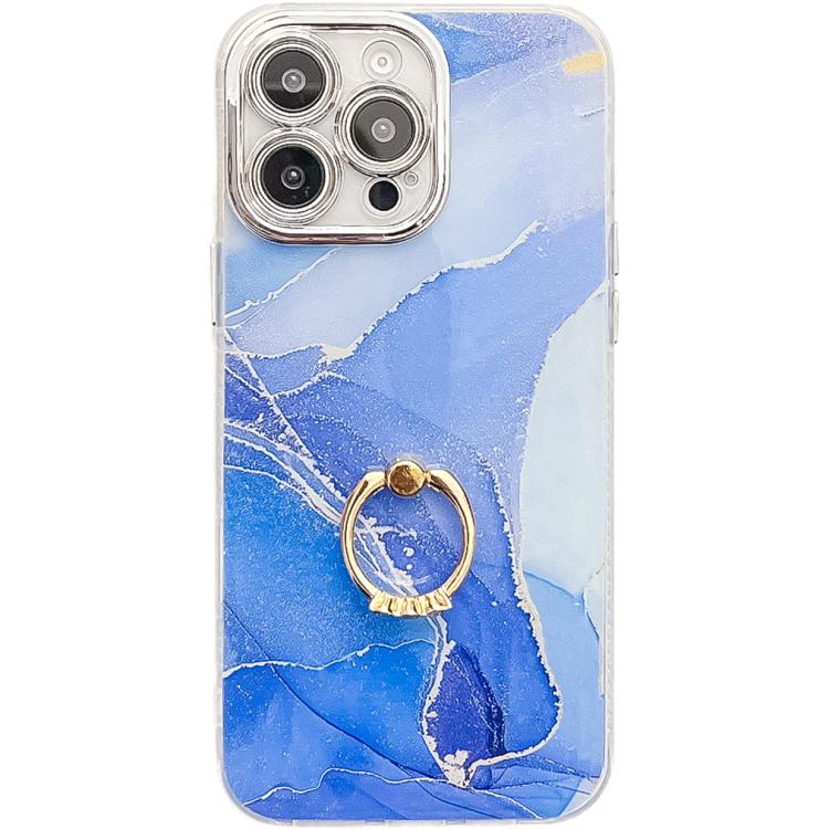 Electroplated Marble Texture Ring Holder Phone Case, For iPhone 16 Pro