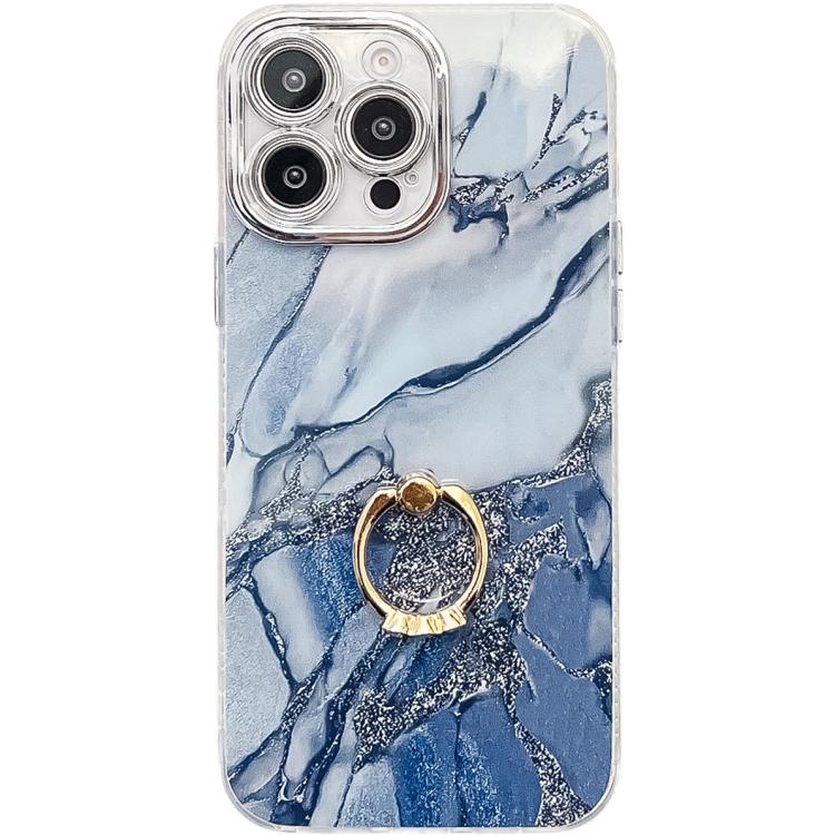 Electroplated Marble Texture Ring Holder Phone Case, For iPhone 16 Pro