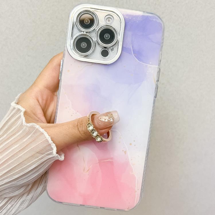 Electroplated Marble Texture Ring Holder Phone Case, For iPhone 16 Pro