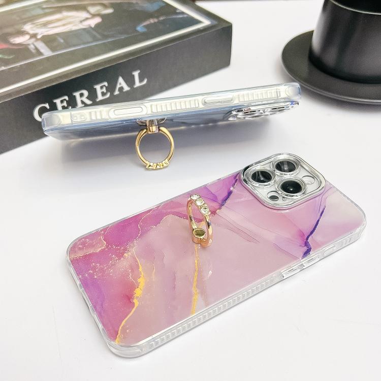 Electroplated Marble Texture Ring Holder Phone Case, For iPhone 16 Pro