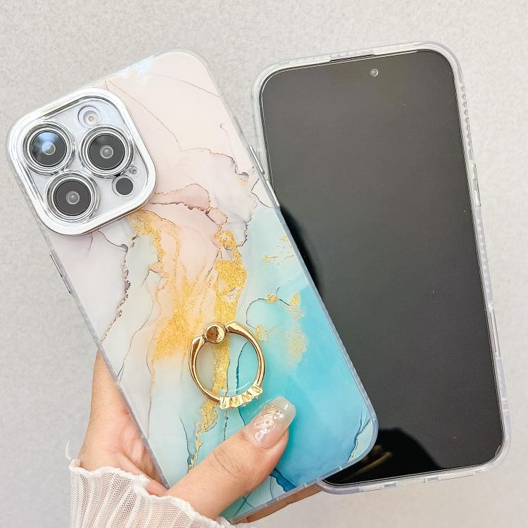 Electroplated Marble Texture Ring Holder Phone Case, For iPhone 15 Pro Max