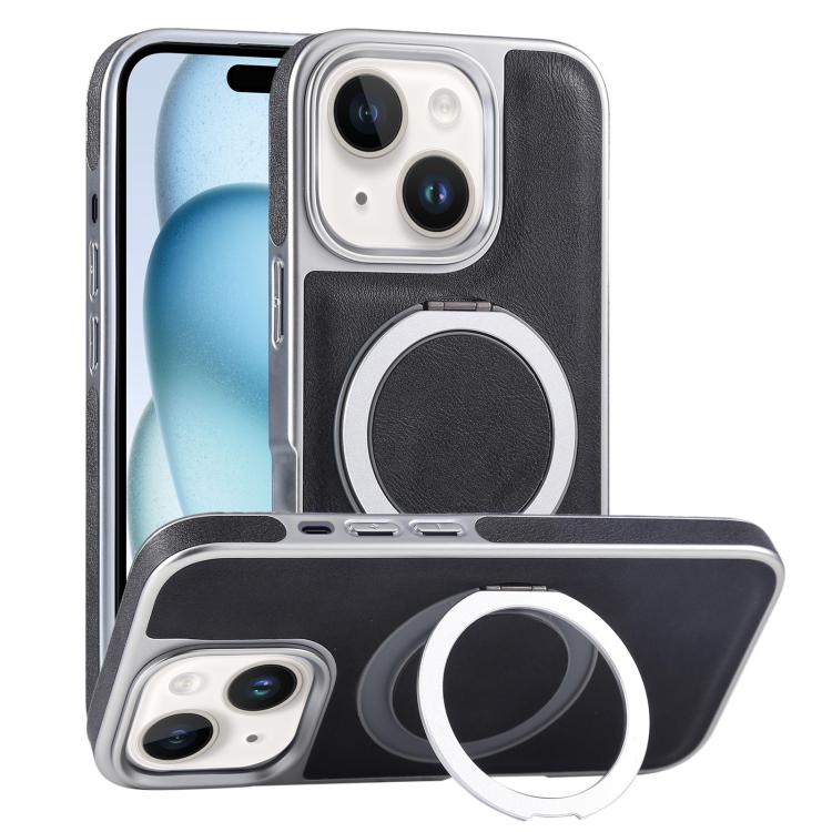 Plated Leather Grain Rotation MagSafe Holder Phone Case, For iPhone 15 Pro Max, For iPhone 15 Pro, For iPhone 15 Plus, For iPhone 15