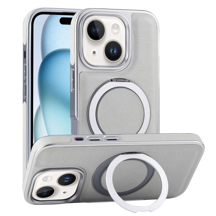 Plated Leather Grain Rotation MagSafe Holder Phone Case, For iPhone 15 Pro Max, For iPhone 15 Pro, For iPhone 15 Plus, For iPhone 15