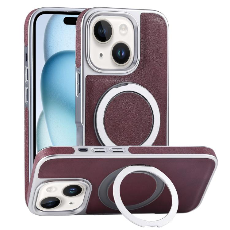 Plated Leather Grain Rotation MagSafe Holder Phone Case, For iPhone 15 Pro Max, For iPhone 15 Pro, For iPhone 15 Plus, For iPhone 15
