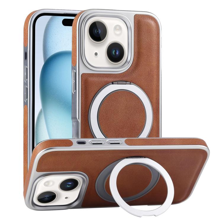 Plated Leather Grain Rotation MagSafe Holder Phone Case, For iPhone 15 Pro Max, For iPhone 15 Pro, For iPhone 15 Plus, For iPhone 15
