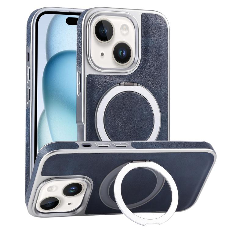 Plated Leather Grain Rotation MagSafe Holder Phone Case, For iPhone 15 Pro Max, For iPhone 15 Pro, For iPhone 15 Plus, For iPhone 15