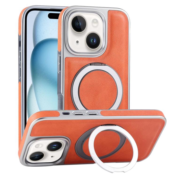Plated Leather Grain Rotation MagSafe Holder Phone Case, For iPhone 15 Pro Max, For iPhone 15 Pro, For iPhone 15 Plus, For iPhone 15