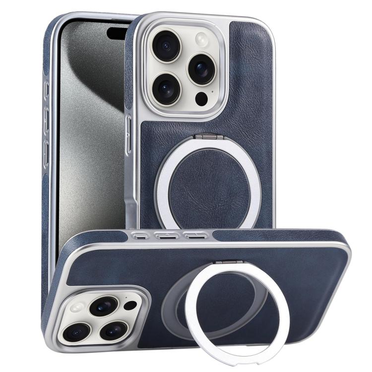 Plated Leather Grain Rotation MagSafe Holder Phone Case, For iPhone 15 Pro Max, For iPhone 15 Pro, For iPhone 15 Plus, For iPhone 15