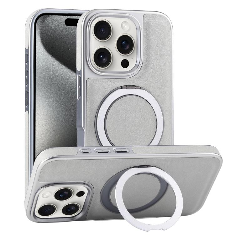 Plated Leather Grain Rotation MagSafe Holder Phone Case, For iPhone 15 Pro Max, For iPhone 15 Pro, For iPhone 15 Plus, For iPhone 15