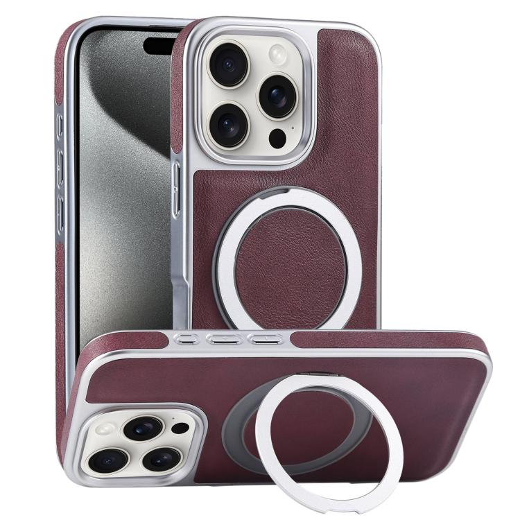 Plated Leather Grain Rotation MagSafe Holder Phone Case, For iPhone 15 Pro Max, For iPhone 15 Pro, For iPhone 15 Plus, For iPhone 15