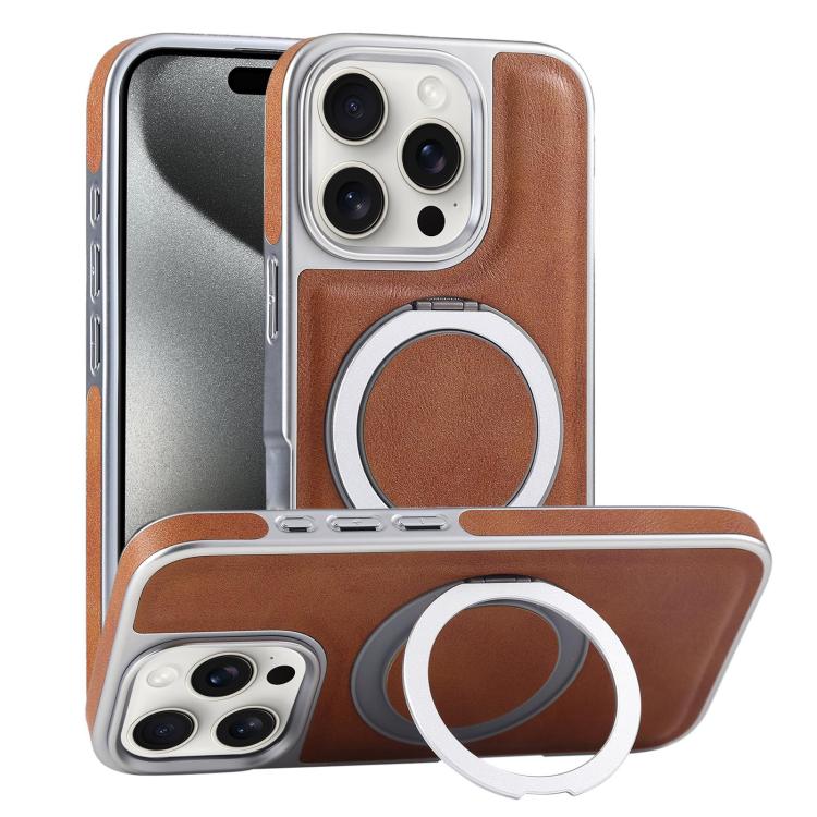 Plated Leather Grain Rotation MagSafe Holder Phone Case, For iPhone 15 Pro Max, For iPhone 15 Pro, For iPhone 15 Plus, For iPhone 15