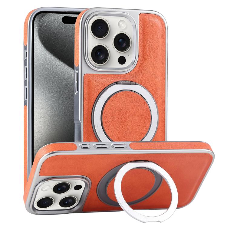 Plated Leather Grain Rotation MagSafe Holder Phone Case, For iPhone 15 Pro Max, For iPhone 15 Pro, For iPhone 15 Plus, For iPhone 15