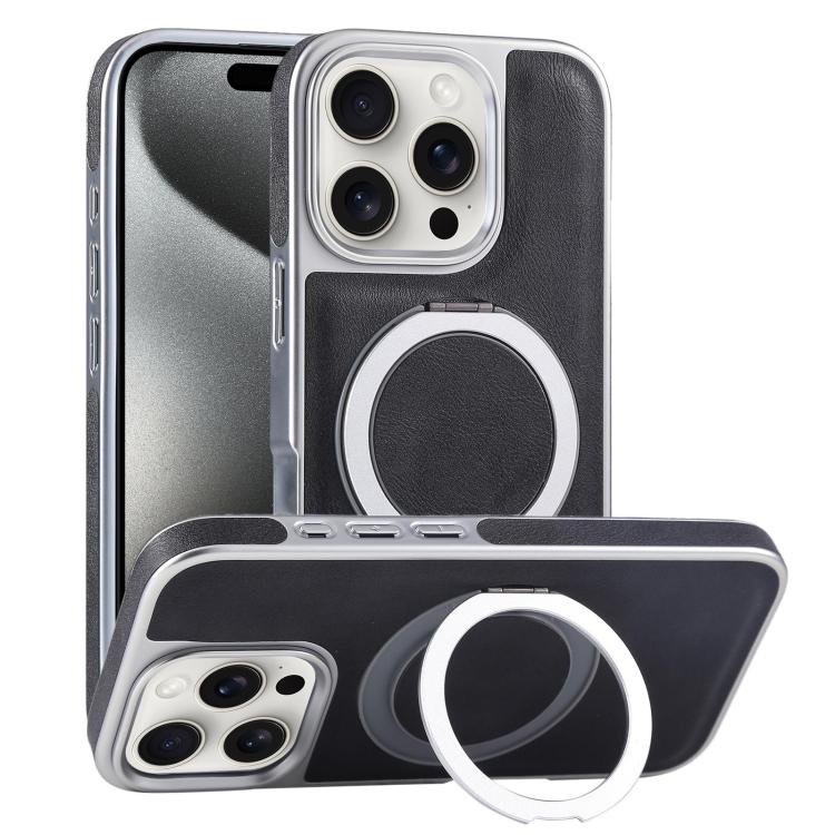 Plated Leather Grain Rotation MagSafe Holder Phone Case, For iPhone 15 Pro Max, For iPhone 15 Pro, For iPhone 15 Plus, For iPhone 15