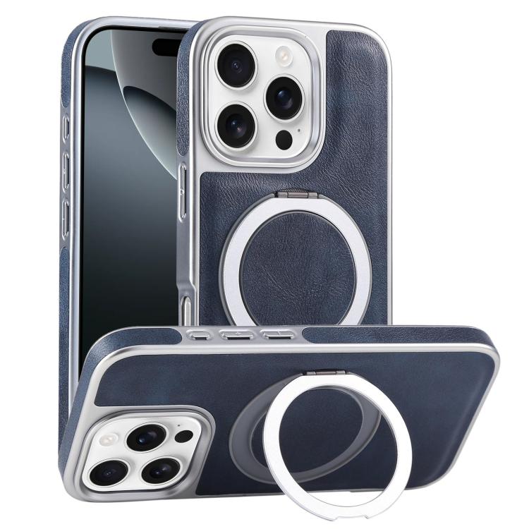 Plated Leather Grain Rotation MagSafe Holder Phone Case, For iPhone 16 Pro Max, For iPhone 16 Pro, For iPhone 16 Plus, For iPhone 16