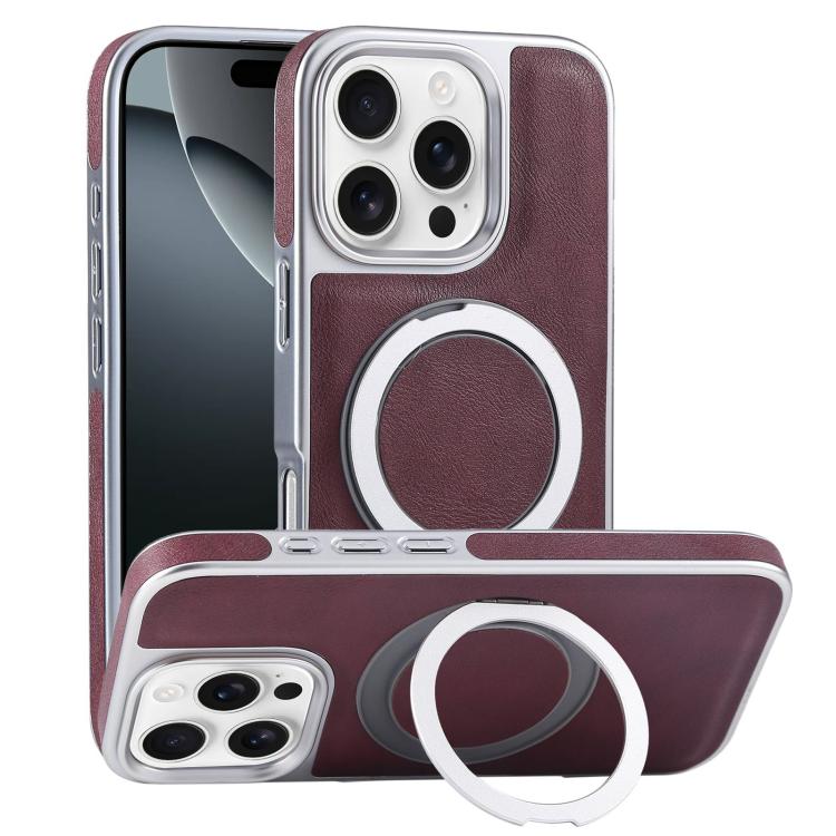 Plated Leather Grain Rotation MagSafe Holder Phone Case, For iPhone 16 Pro Max, For iPhone 16 Pro, For iPhone 16 Plus, For iPhone 16